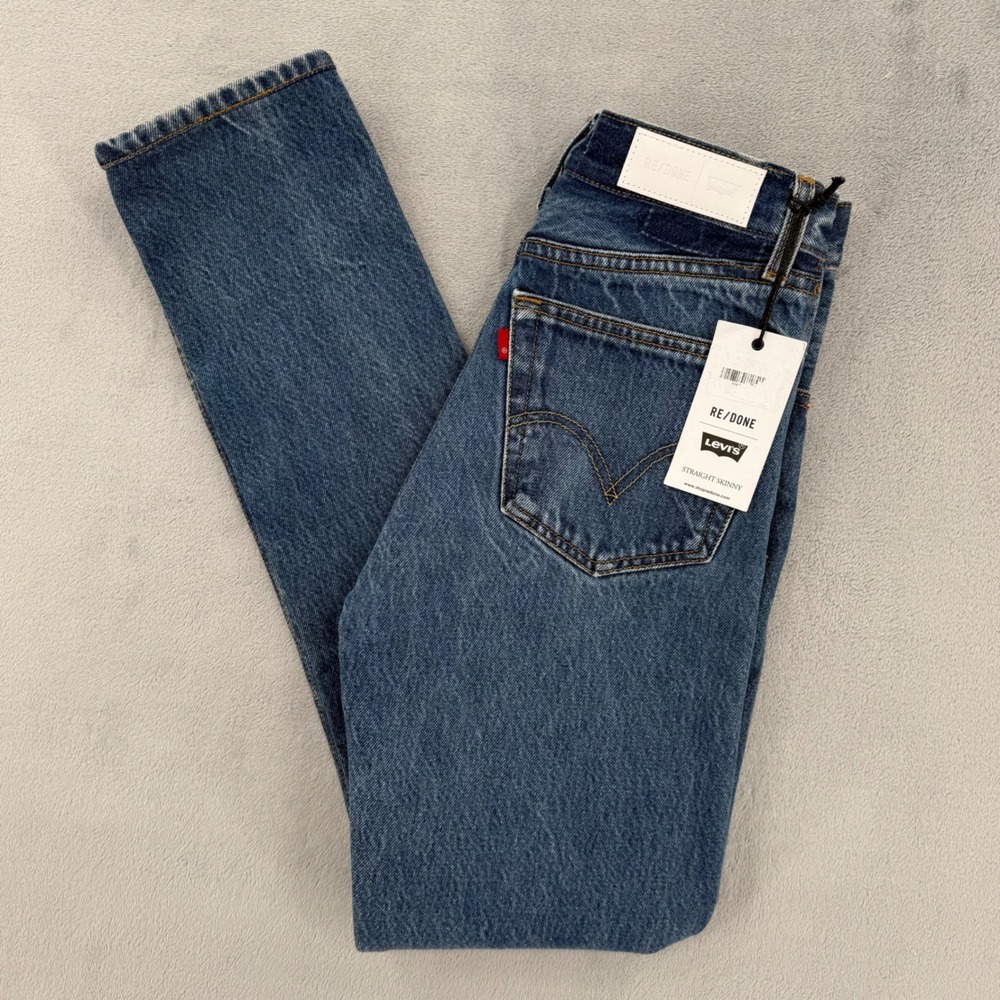 RE/DONE Levi's Reconstructed Straight Skinny Jeans Blue Denim Size 25 Button Fly